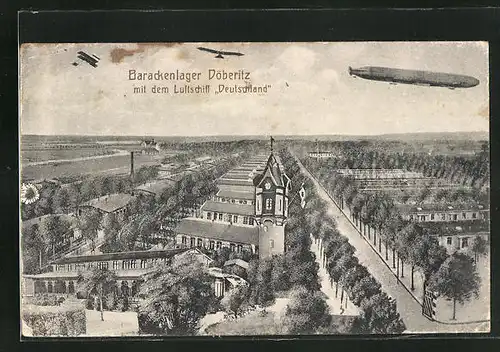 AK Döberitz, Barackenlager mit dem Luftschiff Deutschland und Flugzeugen