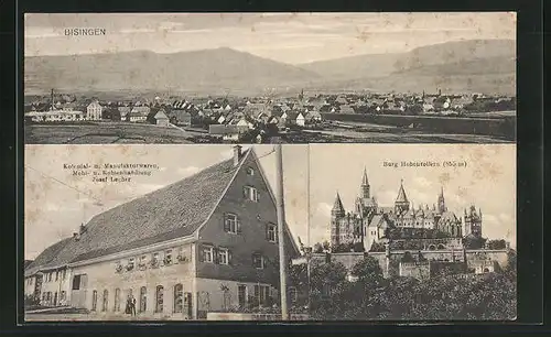 AK Bisingen, Kolonialwarenhandlung von Josef Lacher, Burg Hohenzollern, Ortsansicht