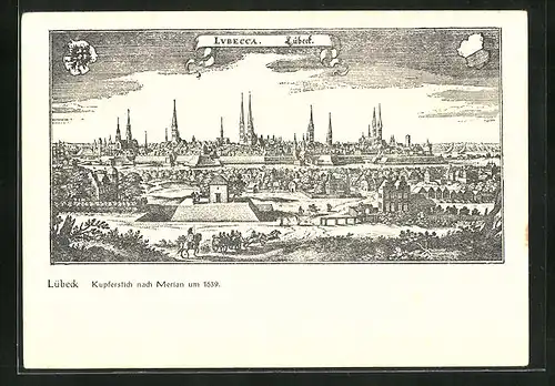 AK Lübeck, Alte Ansicht der Stadt nach Kupferstich von Merian um 1639