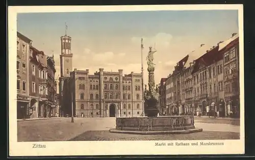 AK Zittau, Markt mit Rathaus und Marsbrunnen