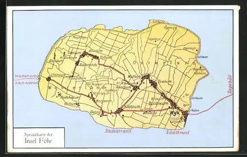 Künstler-AK Föhr, Spezialkarte mit Nieblum, Midlum und Toftum