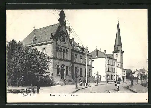 AK Duss i. L., Blick auf Post und Ev. Kirche