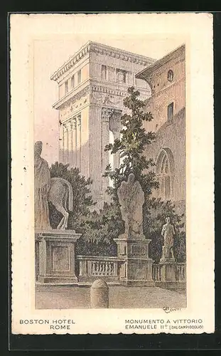 Künstler-AK Roma, Boston Hotel und Monumento a Vittorio Emanuele II.