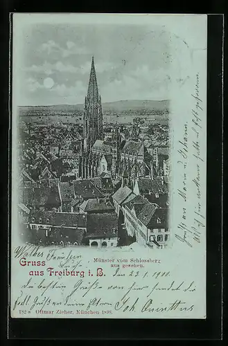 Mondschein-AK Freiburg i. B., Münster vom Schlossberg aus gesehen