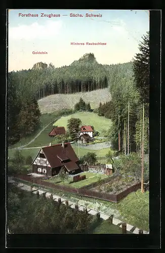 AK Sebnitz /Sächs. Schweiz, Forsthaus Zeughaus mit Blick zum Goldstein und hinteres Raubschloss