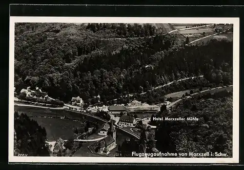 AK Marxzell i. Schw., Fliegeraufnahme der Ortschaft mit dem Hotel Marxzeller Mühle
