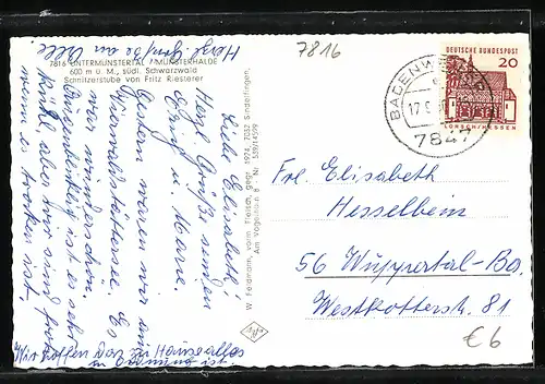 AK Untermünstertal-Münsterhalde /Schwarzwald, Gasthaus Schnitzerstube von Fritz Riesterer