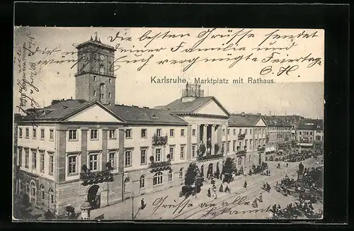 AK Karlsruhe, Marktplatz mit Rathaus