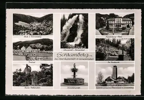 AK Schramberg /Schwarzwald, Hindenburg-Platz, Ruine Falkenstein und Hirschbrunnen
