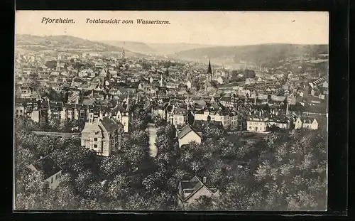 AK Pforzheim, Totalansicht vom Wasserturm