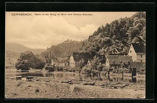 AK Gernsbach, Partie an der Murg mit Blick nach Schloss Eberstein