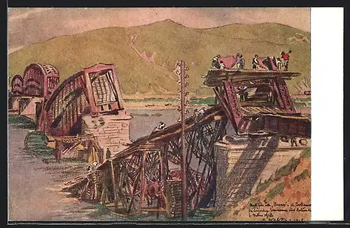 Künstler-AK Olovjanaja, Most pres reku Onon, eingestürzte Brücke