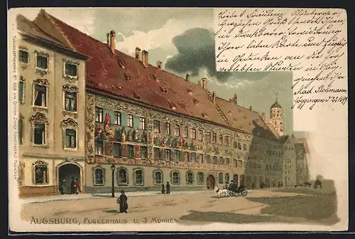 Lithographie Augsburg, Fuggerhaus und 3 Mohren