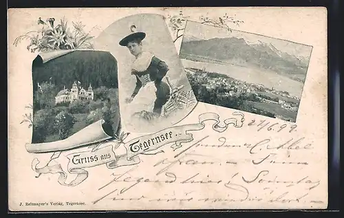 AK Tegernsee, Schloss, Gesamtansicht, Fräulein im Trachtenkleid