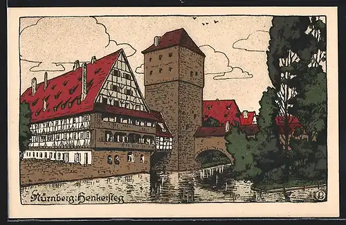 Steindruck-AK Nürnberg, Flusspartie am Henkersteg