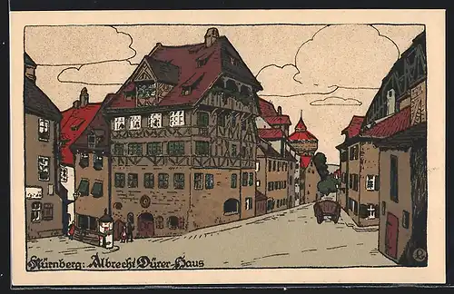 Steindruck-AK Nürnberg, Stadtpartie am Albrecht Dürer-Haus