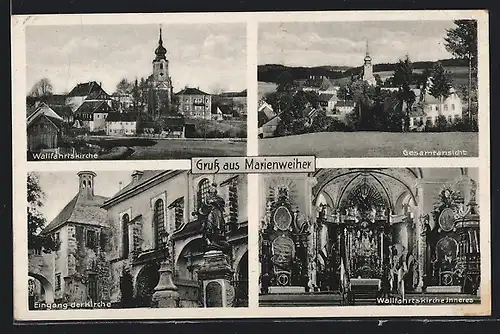AK Marienweiher, Gesamtansicht, Wallfahrtskirche Eingang und Inneres