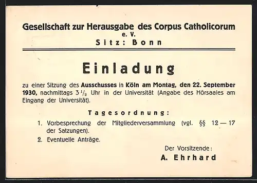 AK Bonn, Gesellschaft zur Herausgabe des Corpus Catholicorum e. V., Einladung zur Sitzung d. Ausschusses 1930