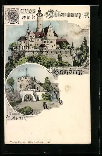 Lithographie Bamberg, Ansicht der Altenburg, Bären-Zwinger