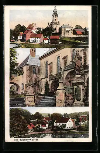 AK Marienweiher, Fernblick zur Kirche, Partie an der Kirche, Ortsansicht