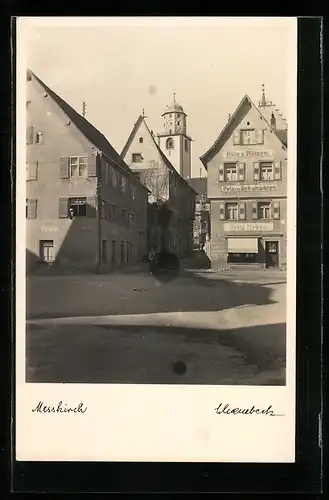 AK Messkirch, Ortspartie an der Hüte, Mützen, Pelz u. Schuhwaren Handlung von Fritz Nober, Blick zur Kirche