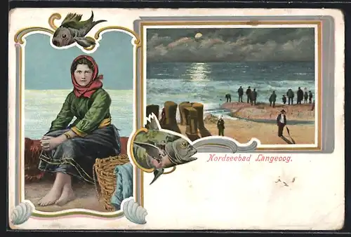AK Langeoog, Fischerfrau mit Korb, nächtliche Strandansicht mit Leuten