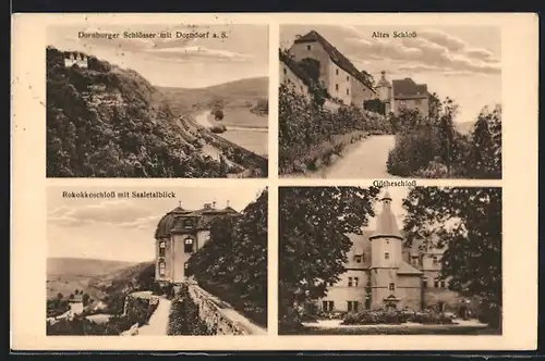 AK Dorndorf a. S., Dornburger Schlösser, Altes Schloss, Rokokkoschloss mit Saaleblick, Götheschloss