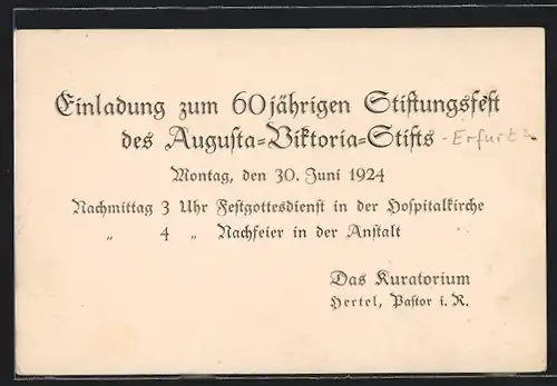 AK Erfurt, Einladung zum 60jährigen Stiftungsfest des Augusta-Viktoria-Stifts am 30. Juni 1924