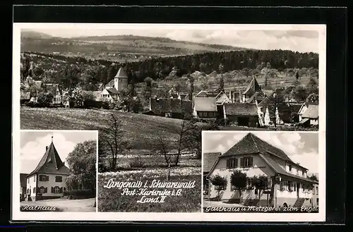 AK Langenalb / Schwarzwald, Ortsansicht aus der Vogelschau, Rathaus, Gasthaus und Metzgerei zum Engel