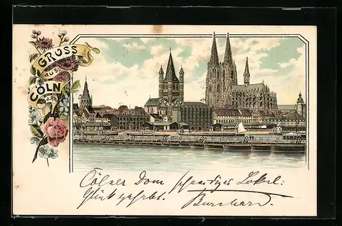 Lithographie Köln, Panorama mit Dom vom Rhein aus gesehen