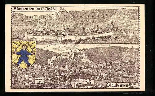 AK Blaubeuren, Ortsansicht im 17. Jhdt. u. in der Neuzeit, Wappen