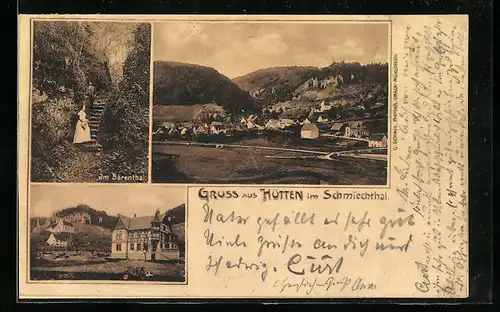 AK Hütten i. Schmiechtal, Gesamtansicht, Partie im Bärental
