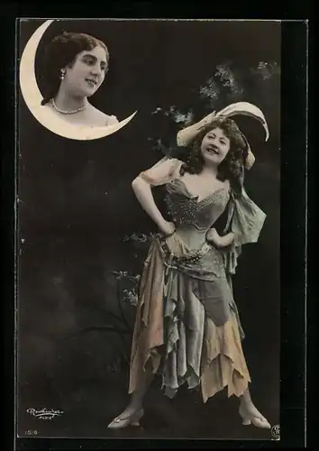 Foto-AK Atelier Reutlinger, Paris: Frau im Kostüm, Frauenportrait mit Mond
