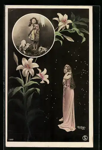 Foto-AK Atelier Reutlinger, Paris: Hübsche Dame und Kleinkind mit Lämmern