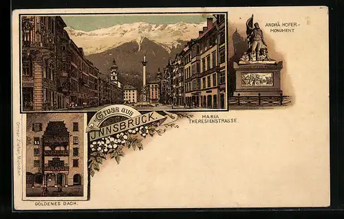 Lithographie Innsbruck, Goldenes Dach, Andrä Hofer-Monument