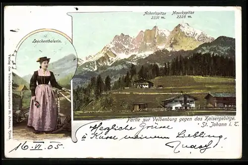 AK St. Johann i. T., Partie zur Velbenburg gegen das Kaisergebirge