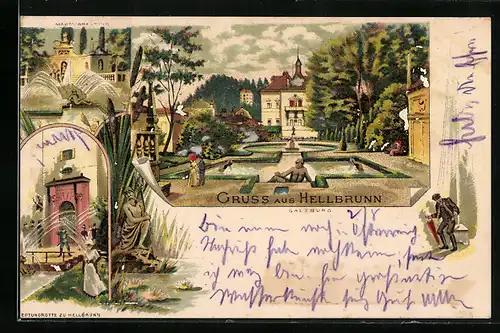 Lithographie Hellbrunn, Marmorbassins