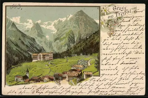 Lithographie Trafoi, Ortsansicht gegen das Gebirge