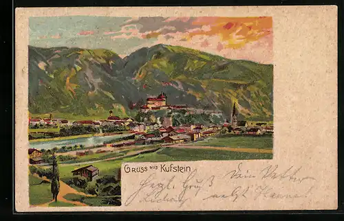 Lithographie Kufstein, Totalansicht aus der Ferne