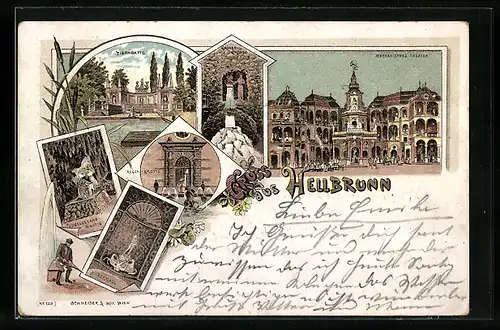 Lithographie Hellbrunn, Mechanisches Theater, Kronen-Grotte, Regen-Grotte