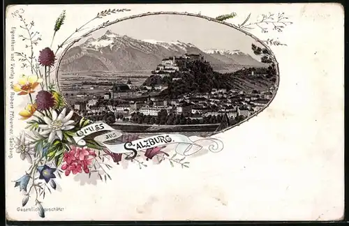 AK Salzburg, Gesamtansicht mit Blumen verziert