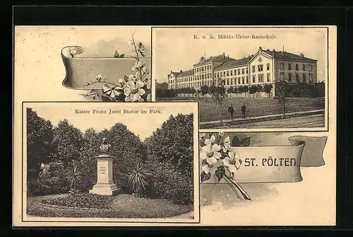 AK St. Pölten, Kaiser Franz Josef Statue im Park, K.u.K. Militär-Unter-Realschule