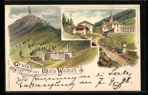 Lithographie Maria Waldrast, Wallfahrtsort aus der Ferne