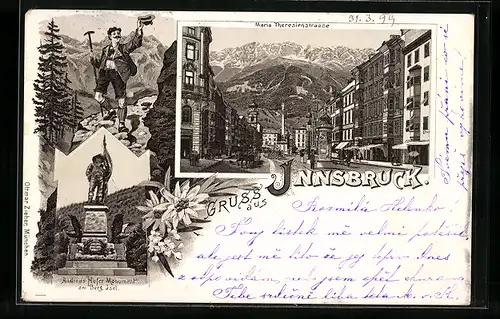 Lithographie Innsbruck, Partie an der Maria Theresienstrasse, Andreas Hofer Monument am Berg Isel