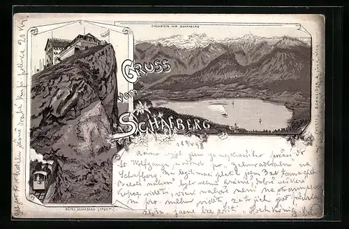 Lithographie Schafberg, Hôtel Schafberg, Dachstein mit Bergsee