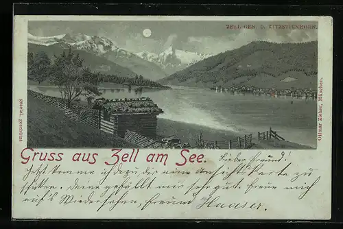 Mondschein-AK Zell am See, Ansicht mit Kitzstienhorn