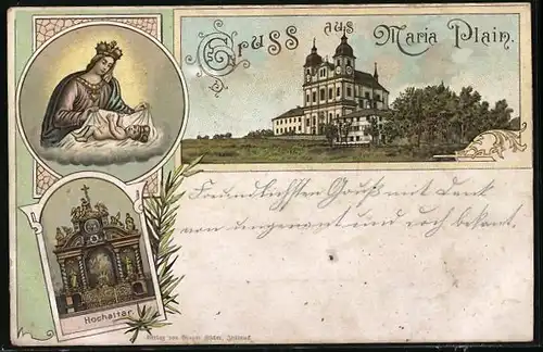 Lithographie Maria Plain, Wallfahrtskirche mit Hochaltar und Maria mit Jesuskind