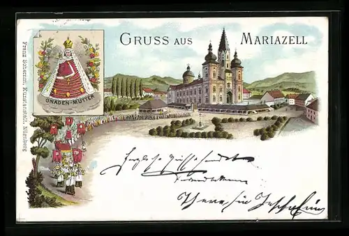 Lithographie Mariazell, Wallfahrtskirche mit Prozession und Gnaden-Mutter