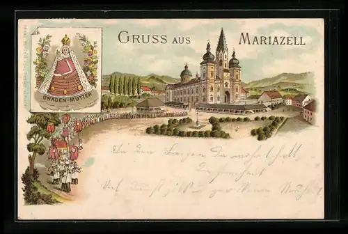 Lithographie Mariazell, Wallfahrtskirche mit Prozession und Gnaden-Mutter
