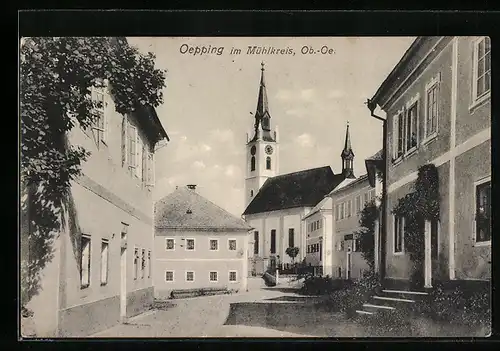 AK Oepping im Mühlkreis, Strassenpartie mit Kirche